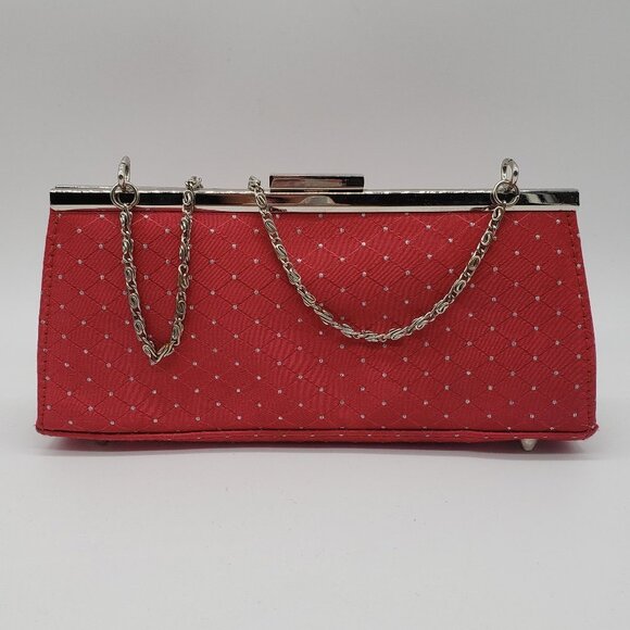 Red Faux Satin Silver Rhinestone Diamond Pattern Chain or Strap Handled Purse - Picture 5 of 12